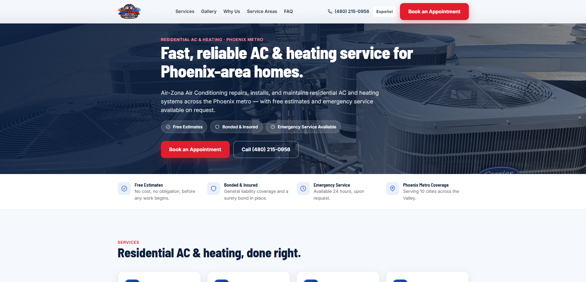 Air-zona Air Conditioning website showing residential AC and heating services in the Phoenix metro area