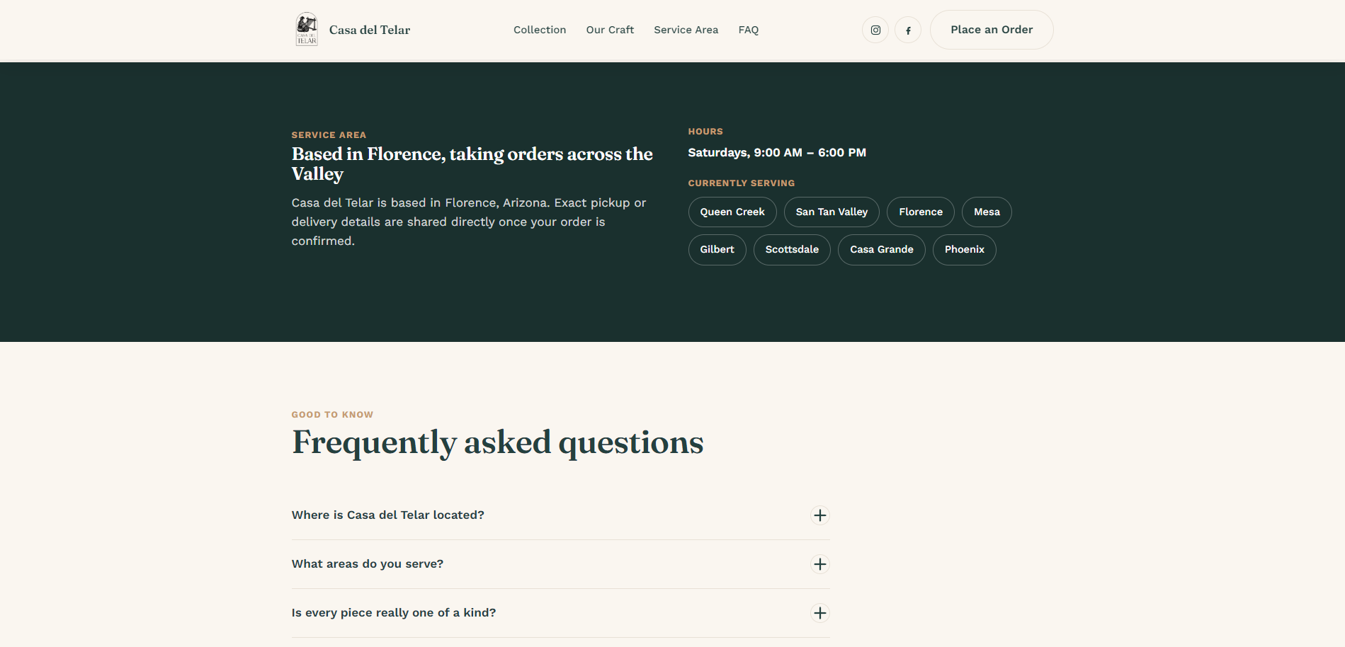 Casa del Telar website showing Arizona service areas and frequently asked questions