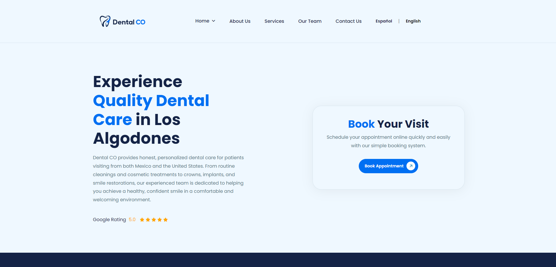 Dental-CO bilingual dental clinic website homepage designed by Sakireem Solutions